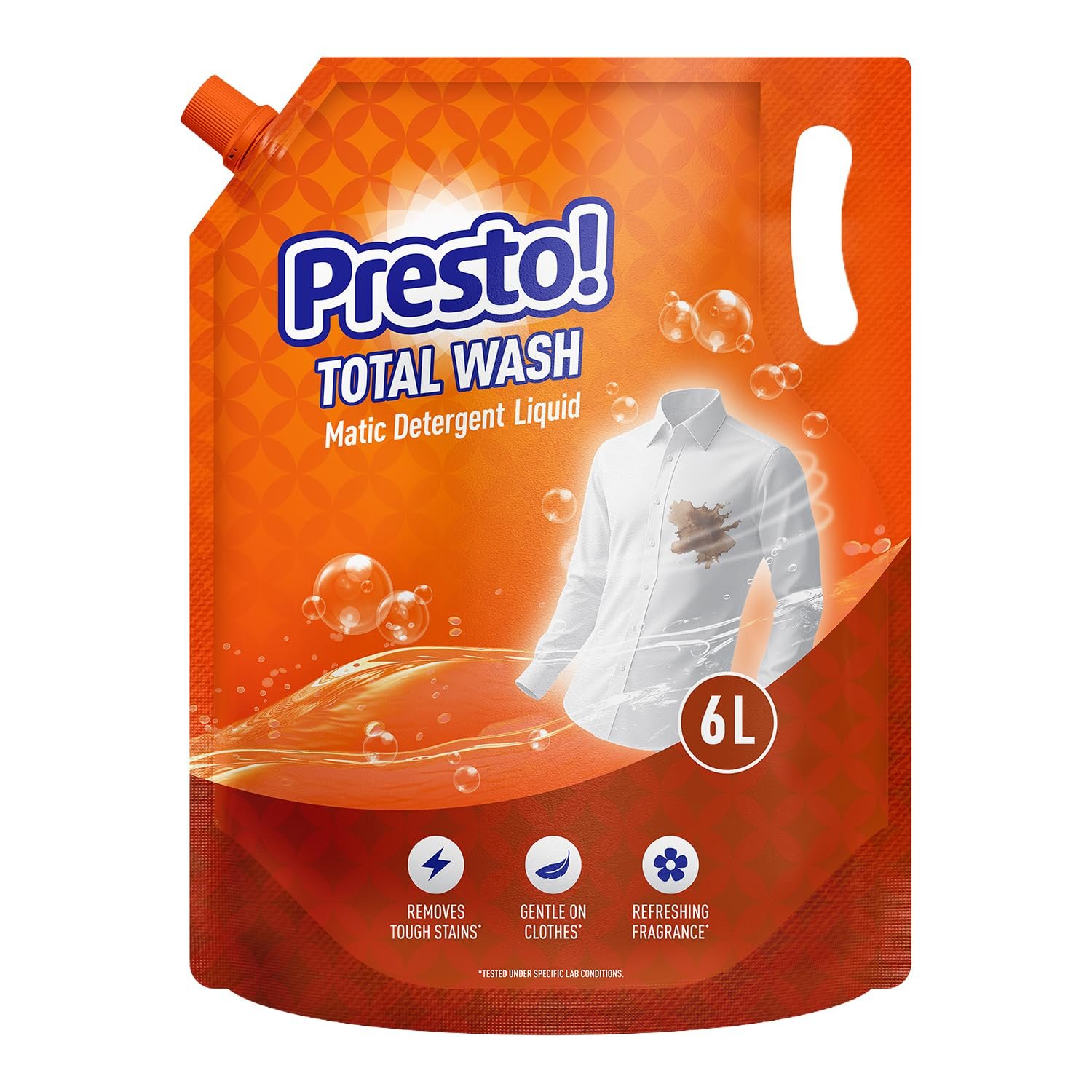 Amazon Brand - Presto! Total Wash Matic Detergent Liquid | 6 Litres| Removes Tough Stains | Gentle On Fabrics | Refreshing Fragrance | Liquid Detergent For Washing Machine & Hand Wash