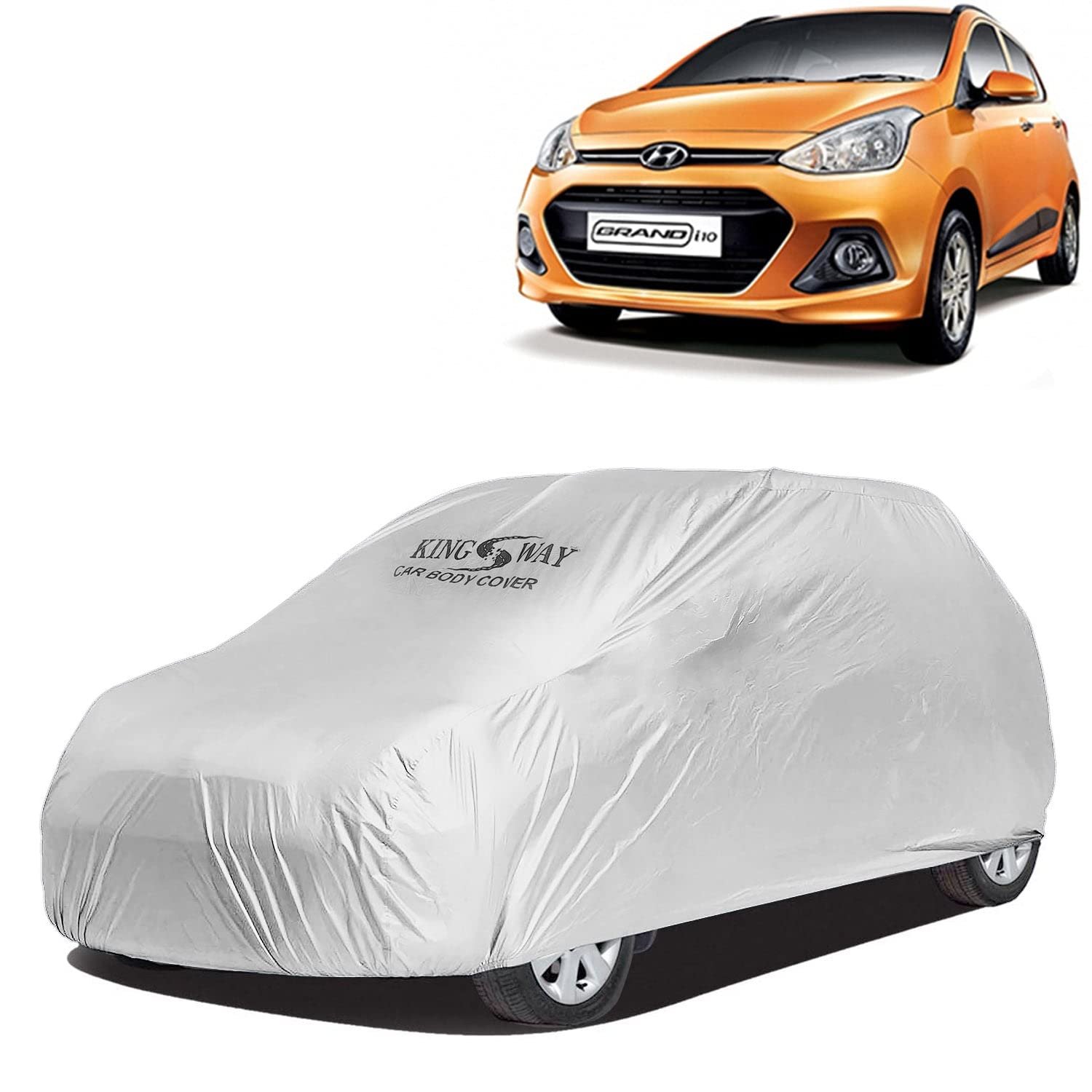 KINGSWAY® Grand I10 Car Body Cover Dustproof for (Year 2013 to 2017) All Model, Compatible with Hyundai Grand I10 Car Cover, Comes with Bird Droppings, Scratch, UV and Paint Protection, Silver Matty