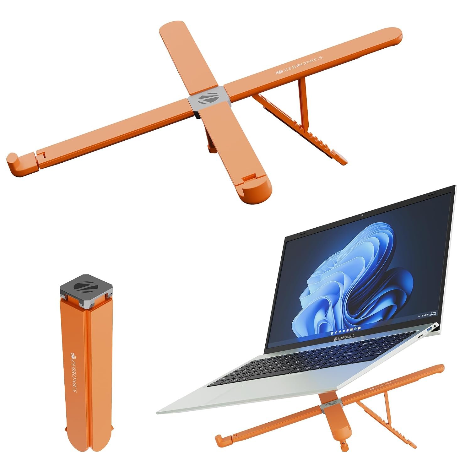 Zebronics NS2500 Foldable Laptop Stand, 8 Adjustable Levels, Supports Up to 17-Inch Laptops, 5kg Load Capacity, Anti-Slip Silicone Pads, Portable & Easy to Carry, Ergonomic Design (Orange)