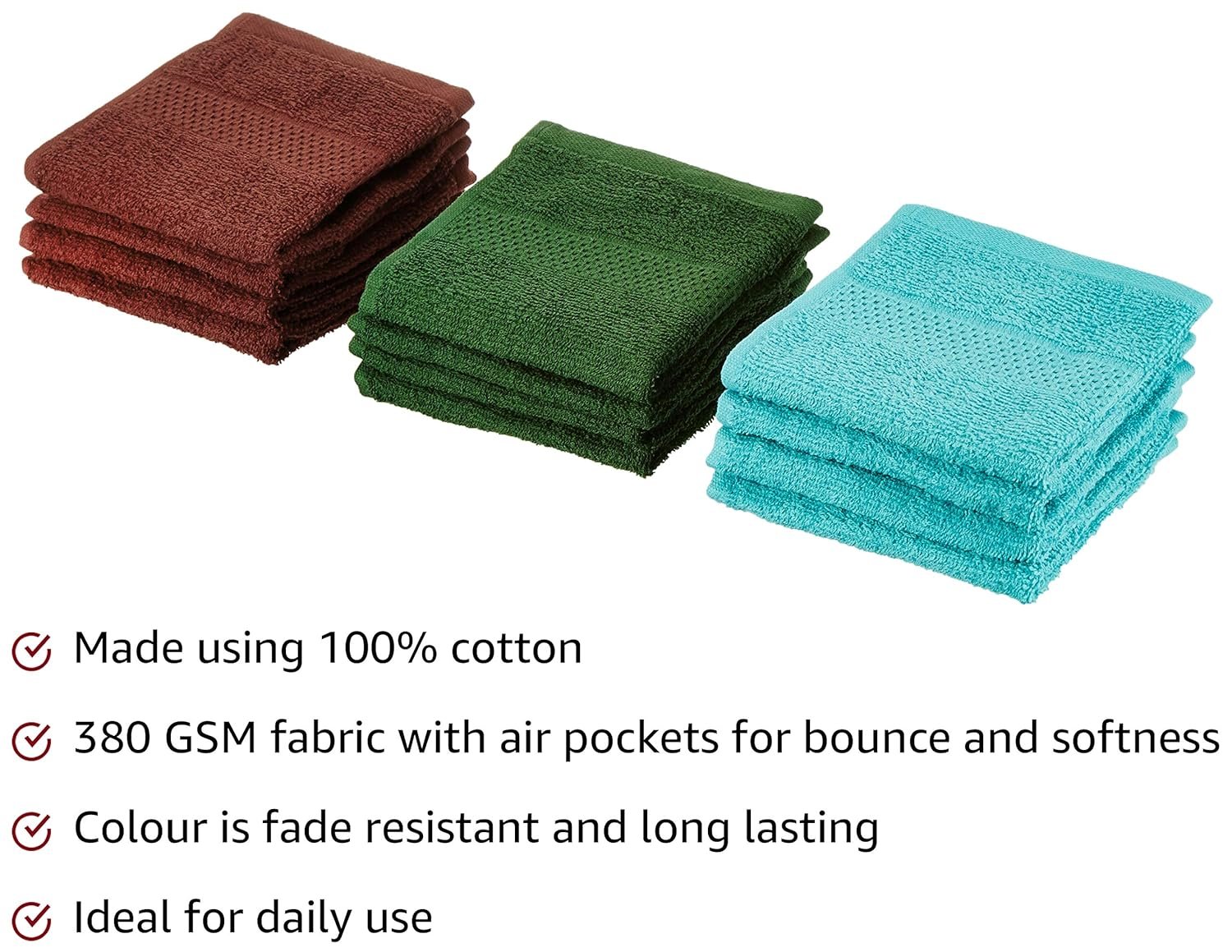 Amazon Brand - Solimo Cotton 12 Piece Face Towel Set, 380 GSM (Baltic Blue, Mint Green, Brick Red)
