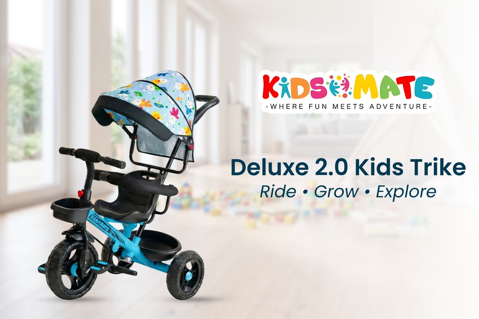 kidsmate deluxe 2 0 kids trike adjustable canopy safety rail push handle tricycle 12 t inch road cyc