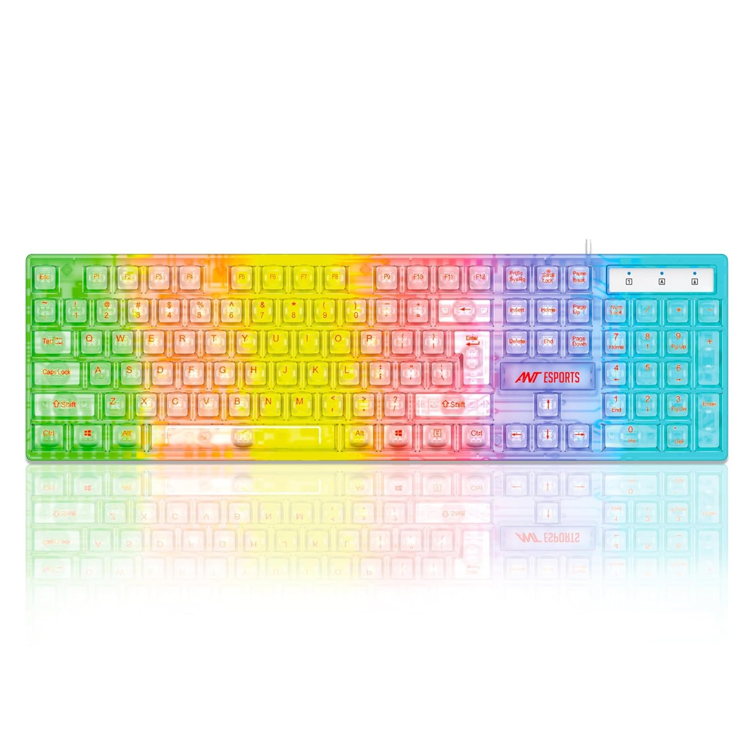 Ant Esports MK1720 Pro Wired Transparent Gaming Keyboard | 104 Keys Membrane Keyboard | Black & White Keycaps | Rainbow LED Backlight | USB Plug & Play |10M Click Lifespan for PC, Laptop, Mac*
