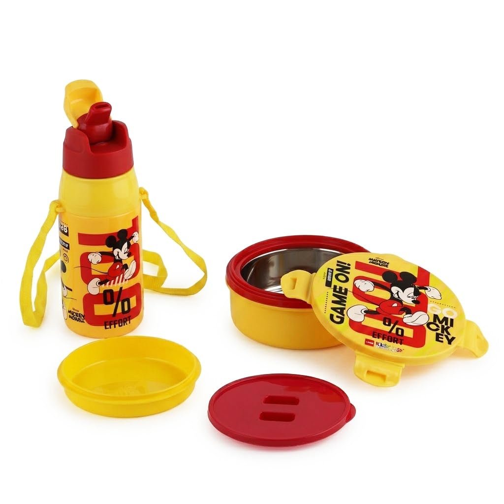 CELLO Kidzbee Star Gift Set Combo for School Kids, Yellow | 3D Touch & Feel Mickey Design Airtight Clip Lock Insulated Lunch Box 390ml with Leak Proof Flip Top Sipper Water Bottle for Kids Boys Gi