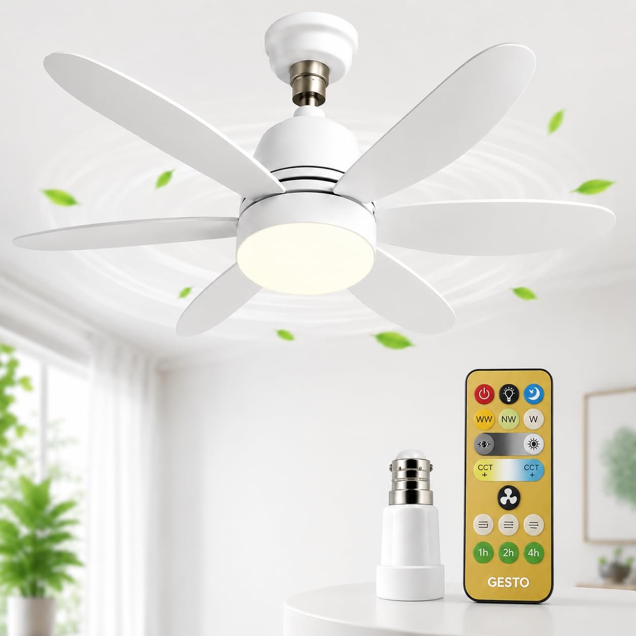 Gesto B22 Socket Fan with LED Light & Remote, Mini Ceiling Fan with 3 Speed & 3 Color Dimmable Light, Portable Bulb Fan for Kitchen, Bathroom, Pooja Room, Study Room, Small Office - 16.5 Inch