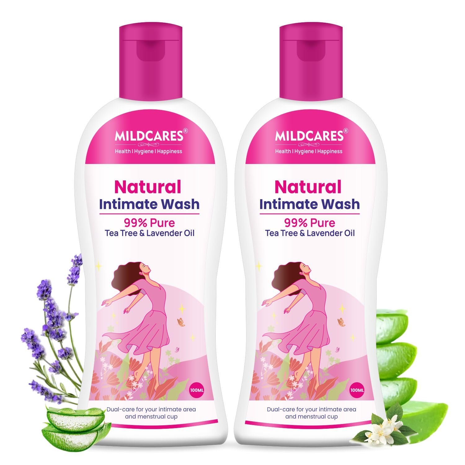 MildCares Natural Intimate Wash For Women (200ML) | With Tea Tree & Lavender Oil | Menstrual Cup Cleanser | For Itching, Irritation & Dryness | Natural, pH Balanced & hypoallergenic