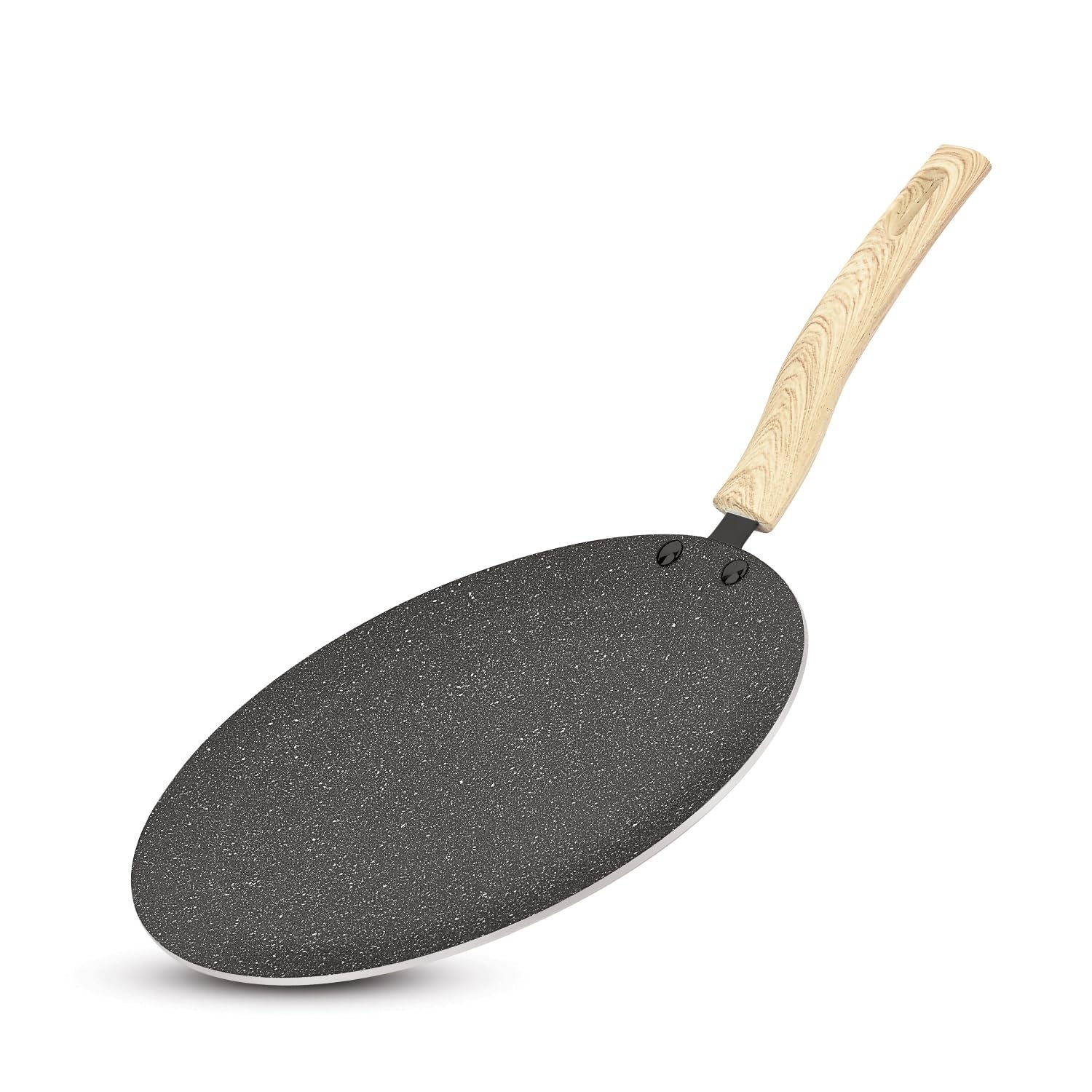 BERGNER Earth Black Non-Stick 26 cm Concave Roti Tawa, Wooden Finish Soft Touch Handle, 3mm Thickness, Even Heat Distribution, White Marble Splatter - Induction Bottom and Gas Ready