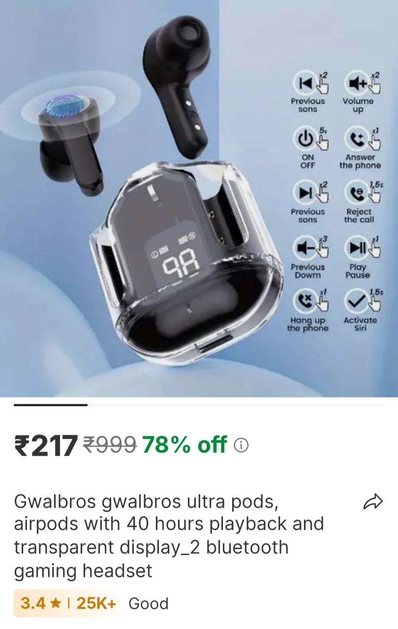 gwalbros gwalbros ultra pods airpods with 40 hours playback and transparent display 2 bluetooth gami