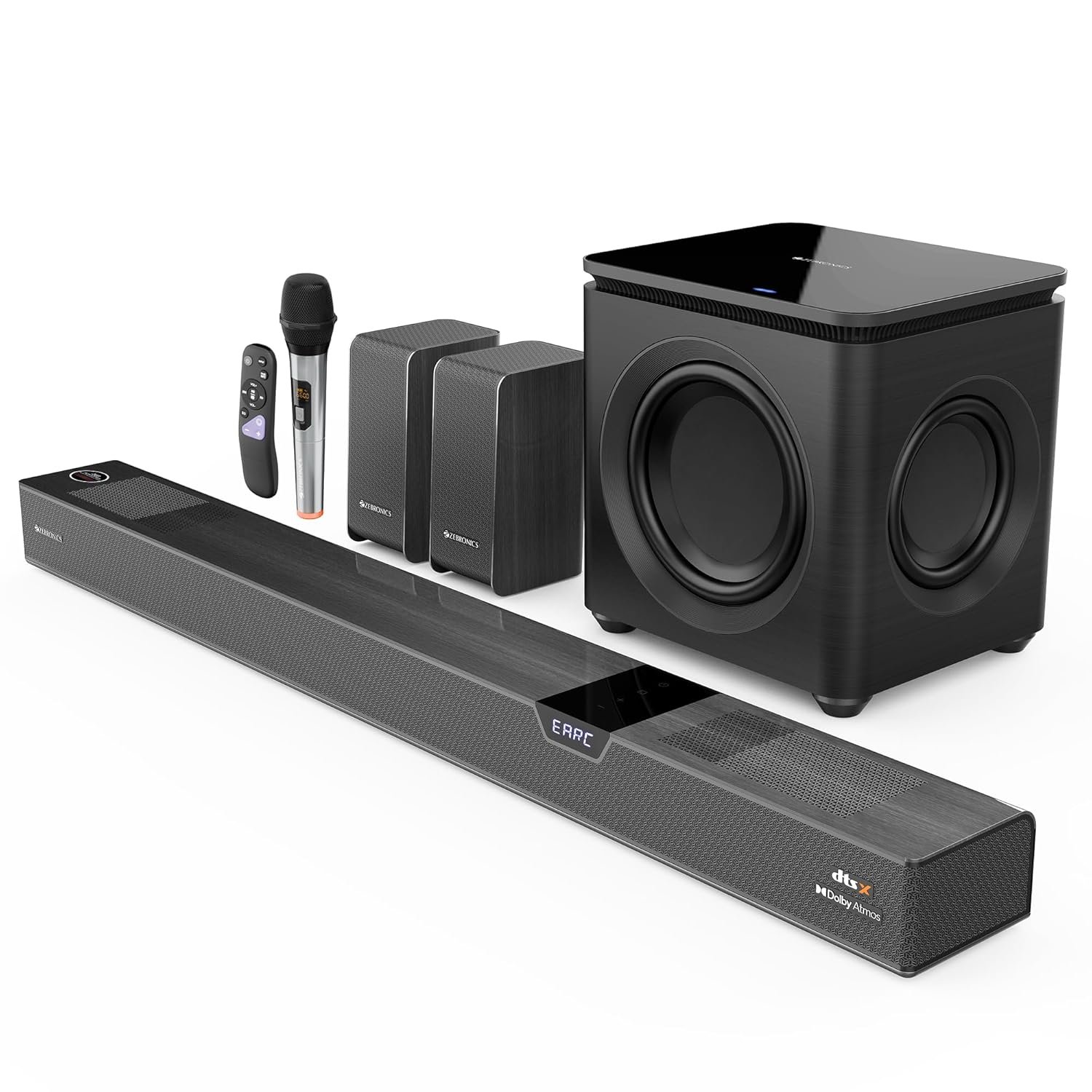 ZEBRONICS 1100 Watts Powerful Soundbar, 7.2.4 Home Theatre, Wireless, Dual Satellites & Driver Subwoofer, Dual Radiators, DTS X,Dolby Atmos, Karaoke UHF Mic, HDMI Earc, Optical (Juke BAR 10000), B
