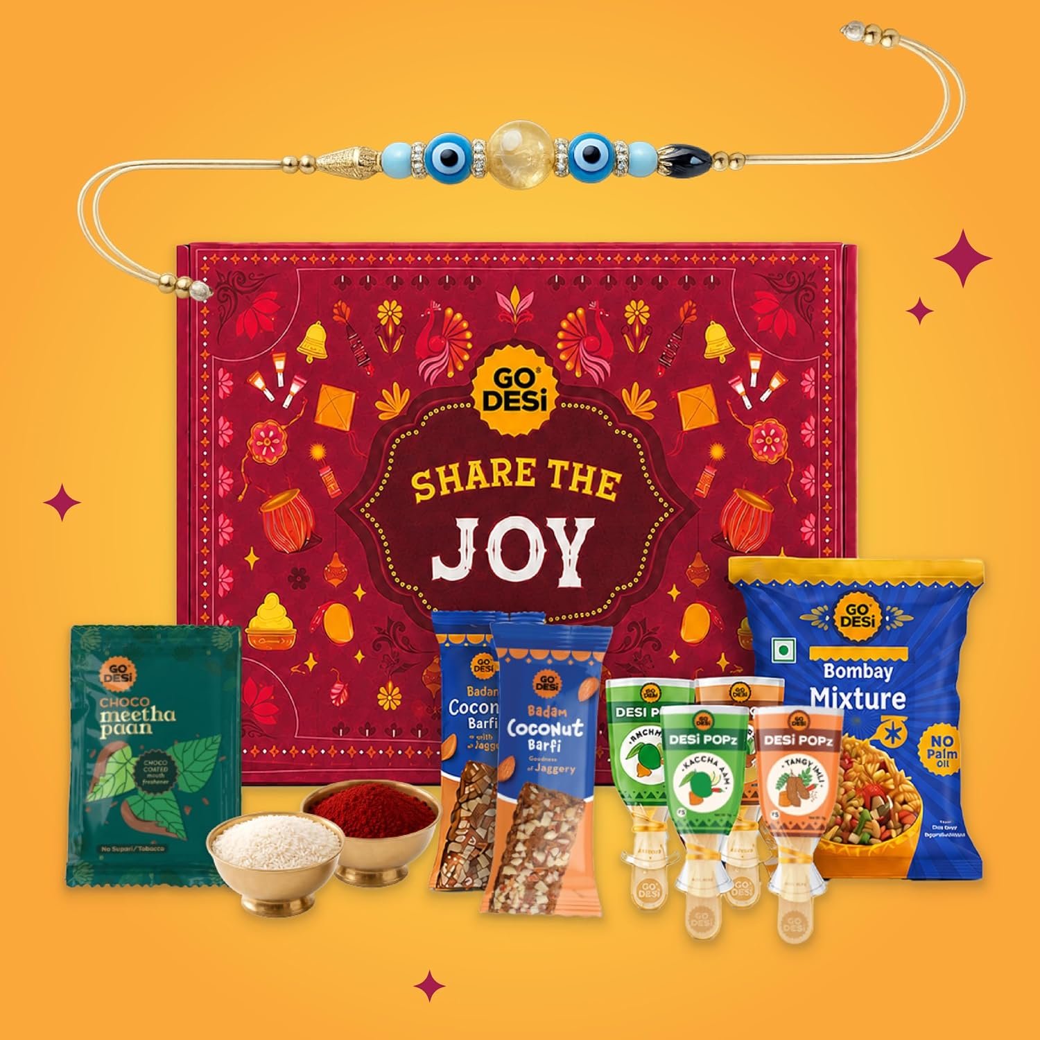 GO DESi Rakhi Set For Brother - 12 Items | Share the Joy Gift Box | Evil Eye Stone Rakhi by Japam | DESi POPz: Tangy Imli, Real Aam, Kaccha Aam | Choco Meetha Paan | Coconut Barfi | Bombay Bhel | Roli