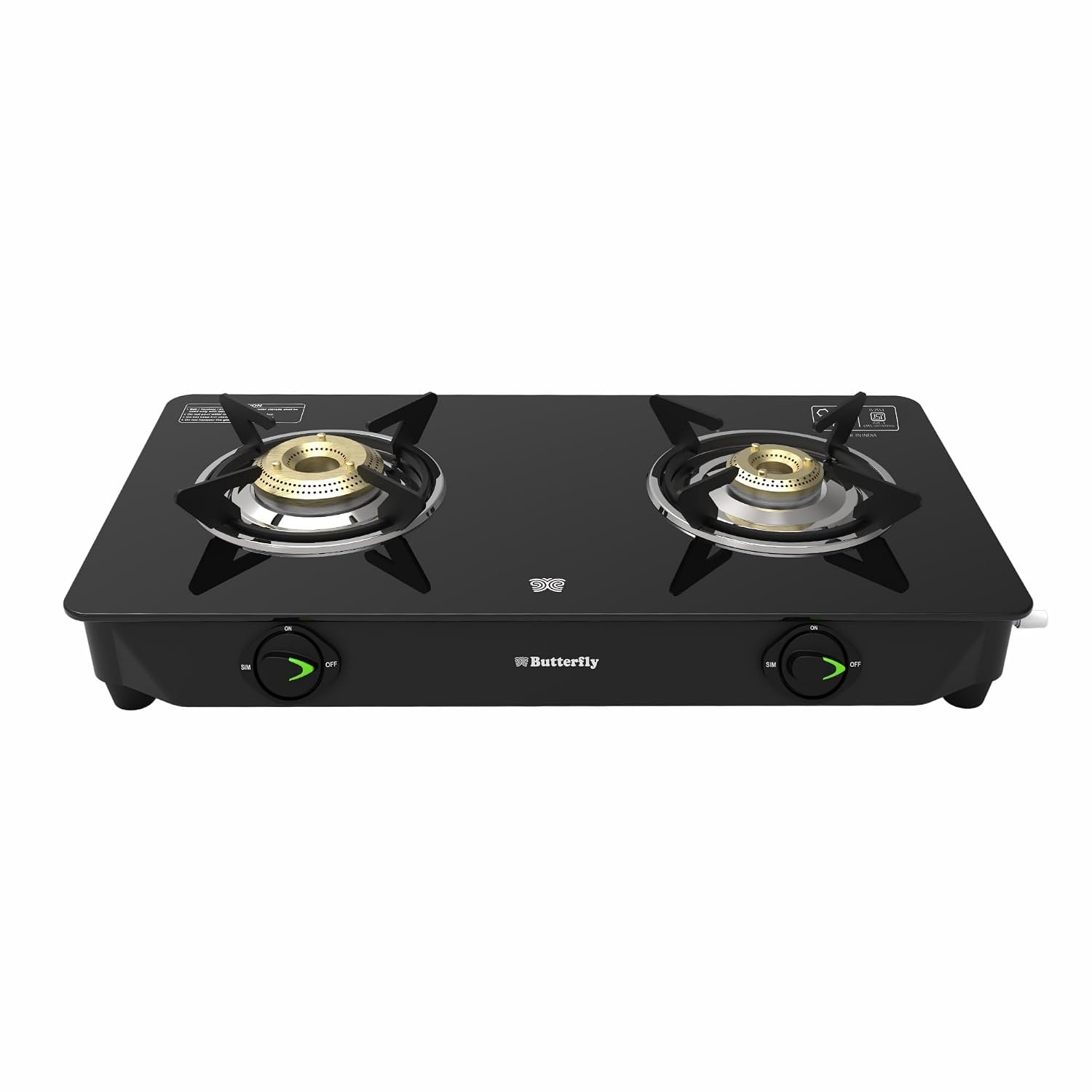 Butterfly Bleu Ray 2 Burner Glass Top Gas Stove | Removable Drip Tray | Brass Burner Gas Stove with Tri‑Flow Jumbo Burner