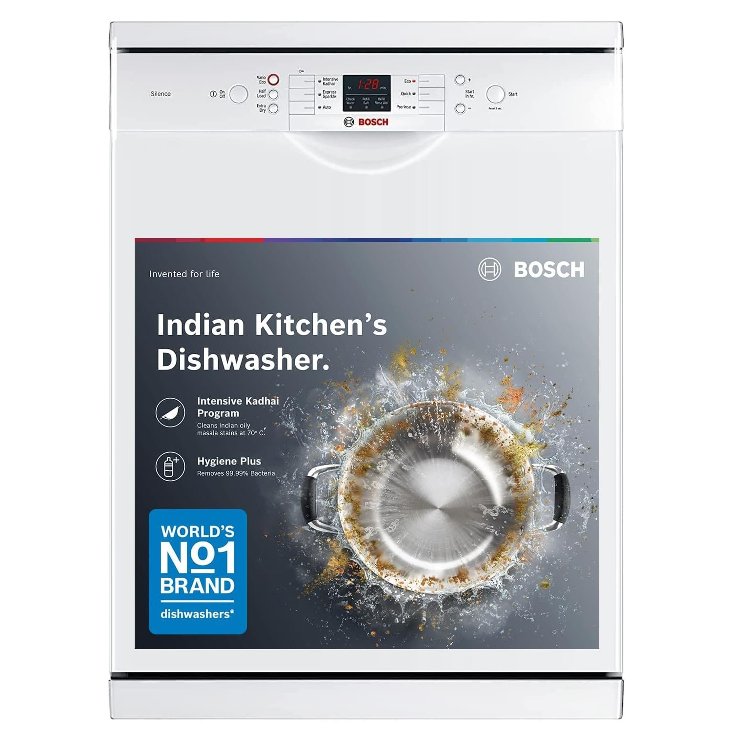 Bosch 13 Place Setting (fits up to 70 utensils) Free-Standing Dishwasher for Indian Utensils | Hygiene+ & Intensive Kadhai Program (SMS66GW01I, White, Inbuilt Heater, Removes 99.9% Germs)