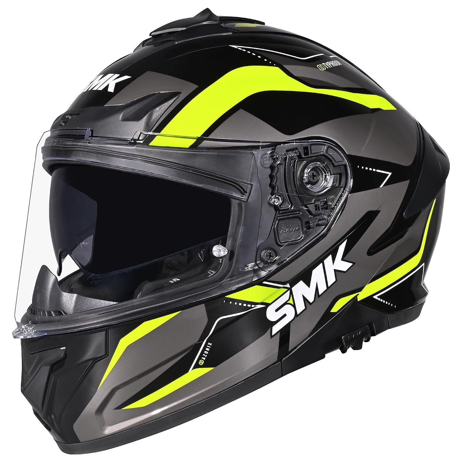 SMK Typhoon Azonix ISI, DOT & ECE 06 Certified Helmet with Antifog Pinlock 30 & Dual Visor Black & Grey Yellow - XXL