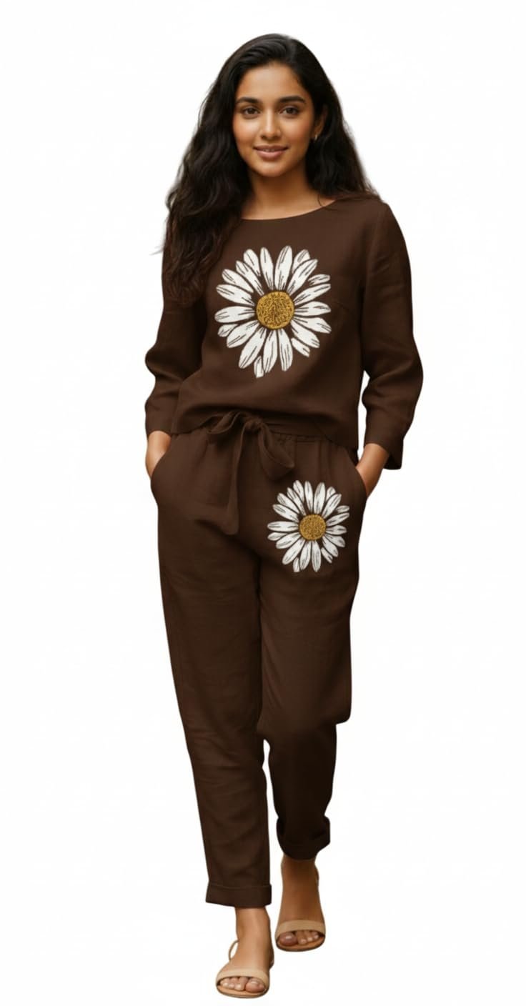 White Button new Girls sunflower Daisy Print Flax Cotton Co-ord Set - Breathable Summer 2-Piece Outfit