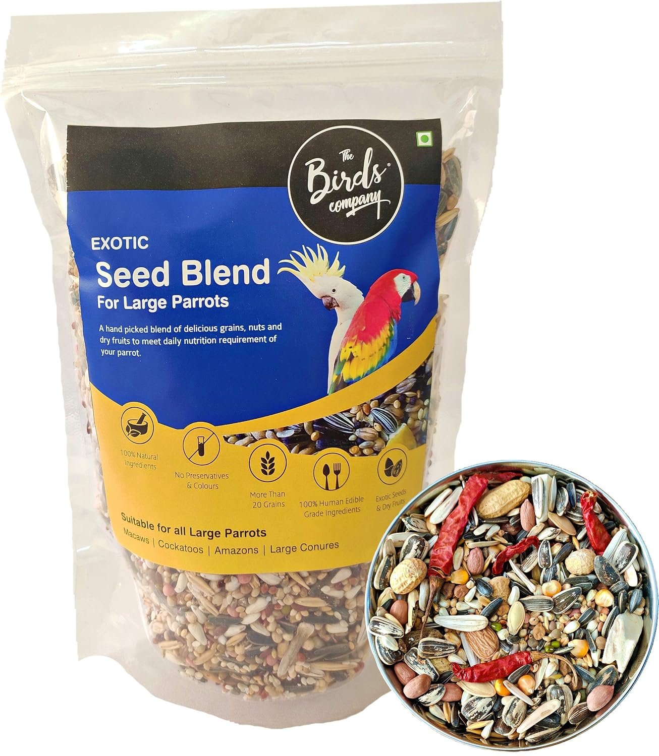 The Birds Company Exotic Seed Blend of 20 Grains & Exotic Nuts, Fortified with Spirulina, Bird Food for Large Parrots, Amazon, Macaw, Cockatoo, 450 g