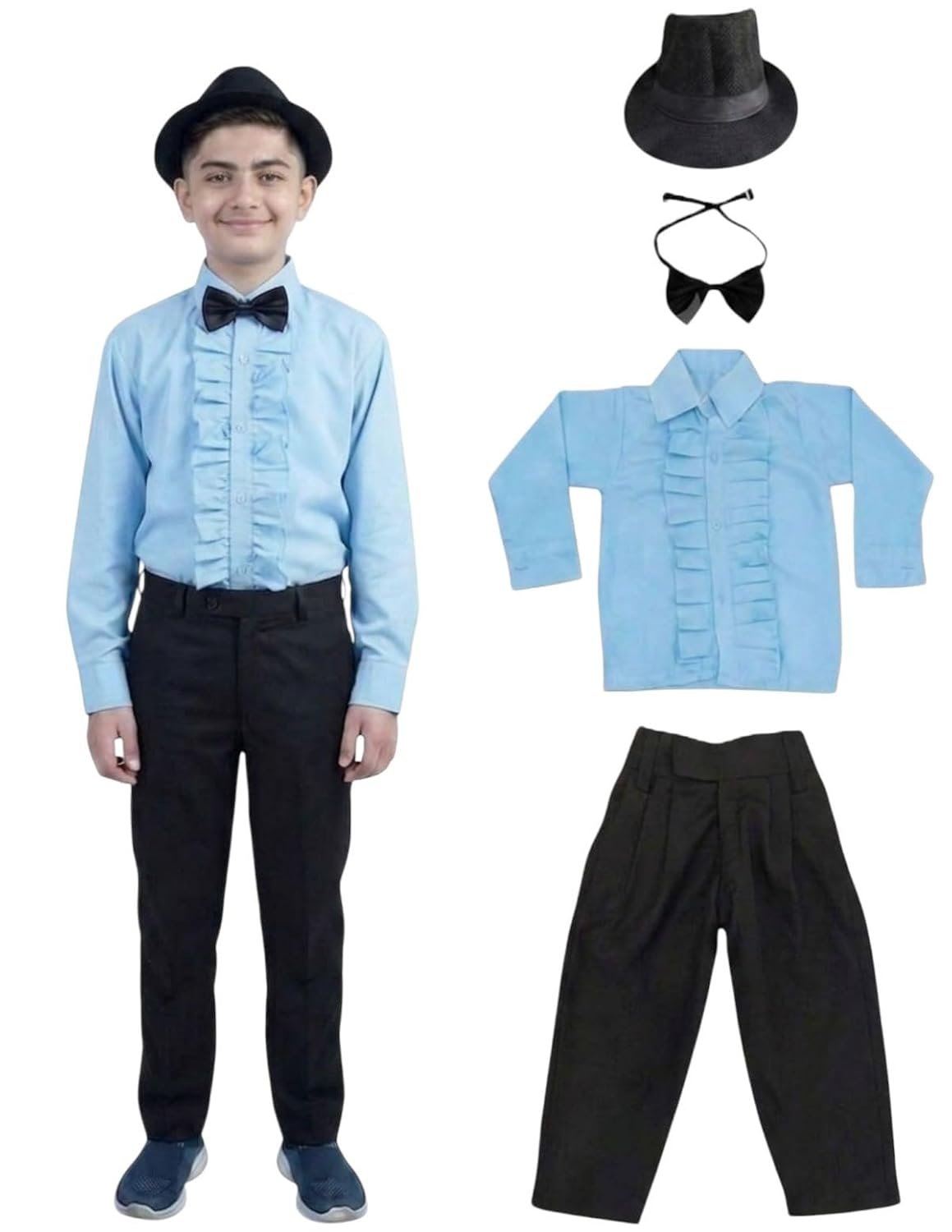 BookMyCostume Ballroom Western Dance Costume for Kids – Includes Frill Shirt, Black Pant, Hat & Bow Tie Set | Fancy Dress Outfit for Stage Performance, Themed Parties, Annual Day & Birthday Ev