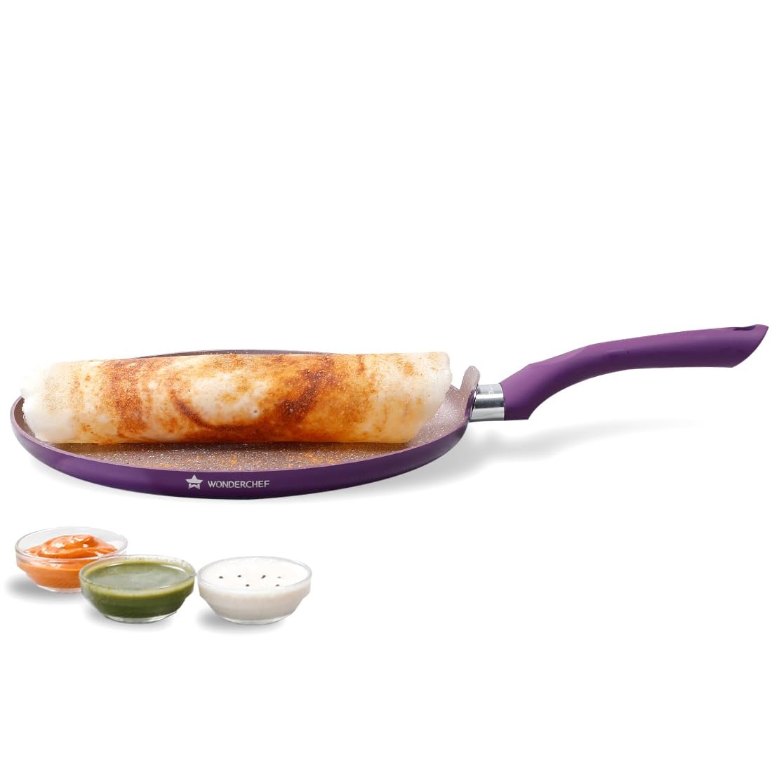 Wonderchef Royal Velvet Non-Stick Dosa Tawa 28cm for Kitchen, Non-Toxic Chemical & PFOA Free, Low-Oil Cooking, Scratch-Resistant, Gas Stove & Induction Friendly, Soft Handle, 2-Yr Warranty, Pu