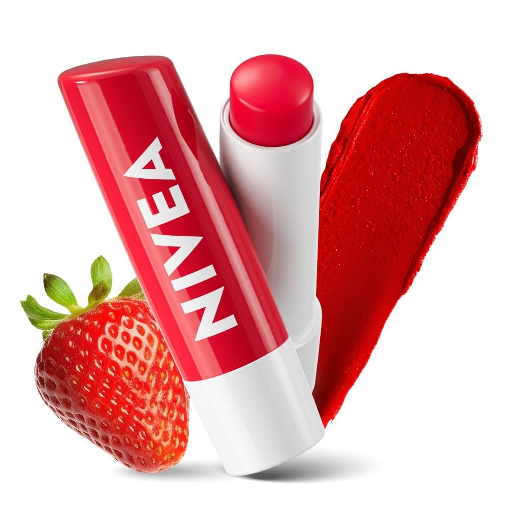 NIVEA Strawberry Shine Lip Balm 4.8gm | With Vit C, E & Shea Butter| Red Tint