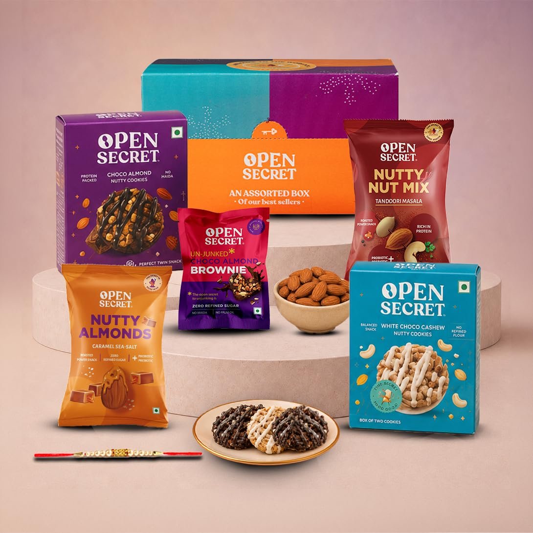 Open Secret Rakhi Chocolate Gift Pack for Brother | Combo of 8 | Rakhi Gift for Brother, Gift Hamper, Rakshabandhan Gifts for Sister, Dry Fruits, Assorted Chocolate Cookies, Chocolate Brownie & Ra