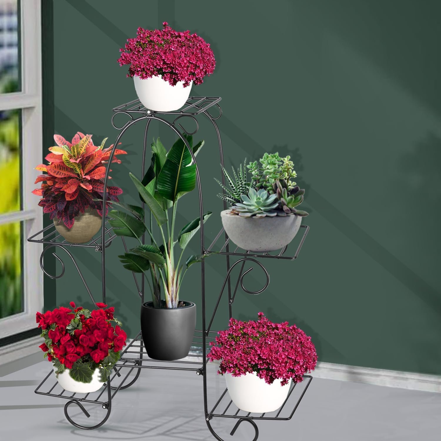 Pivalo 6 Tier Plant Stand Multilayer Floor Standing Rack Galvanized Metal Flower Pot Holder Indoor Gamla Support Corner Rack Outdoor Display Shelf for Home Garden Balcony Office Decoration (Black)