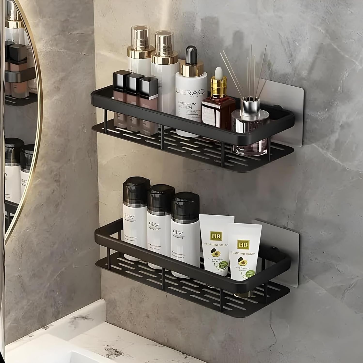 Dwain Wall Mounted Bathroom Shelf with Guard Rail, Aluminium Storage Rack with Drainage Base, Black Finish (Pack of 2) (Black)
