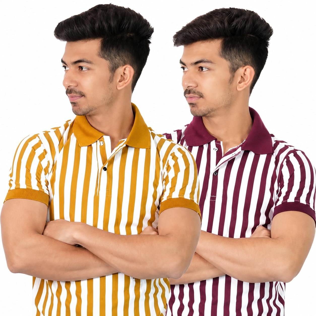 Men's Striped Polo T-Shirt, Pack of 2, Mustard and Maroon