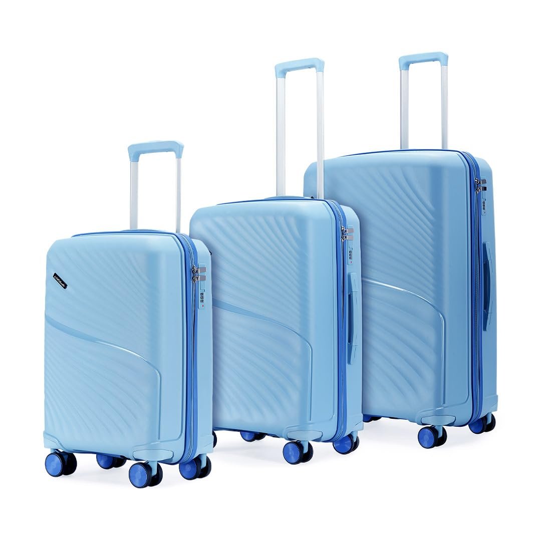 Meridian Set of 3 Trolley Bags Cabin + Medium + Large Polypropylene Hard Suitcase, 8 Spinner Wheels, 2-Pocket Convipack, Recessed Number Lock Twilight Sea Blue/Galaxy Blue
