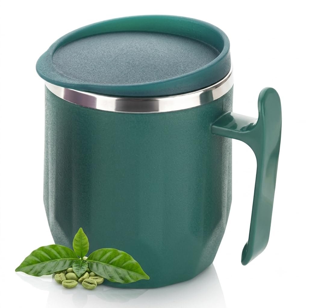 Clazkit Travel Coffee Mug | Stainless Steel Vacuum Insulated Mug with Handle | Hot & Cold Beverage Cup for Home & Office - 300ml - Dark Green