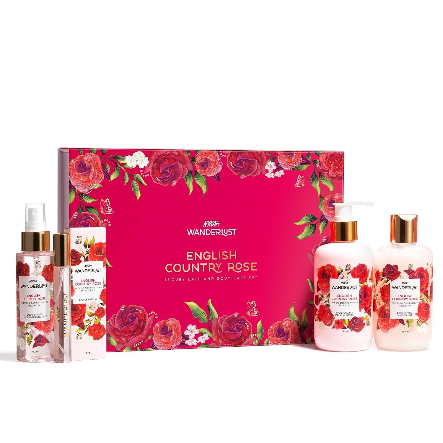 Nykaa Wanderlust English Country Rose Luxury Bath and Body Care Gift Set Box | Shower Gel, Body Lotion, Body Mist and EDP Perfume | Pack of 4 | For Women | Gifting Kit for Rakhi, Birthday, Anniversary
