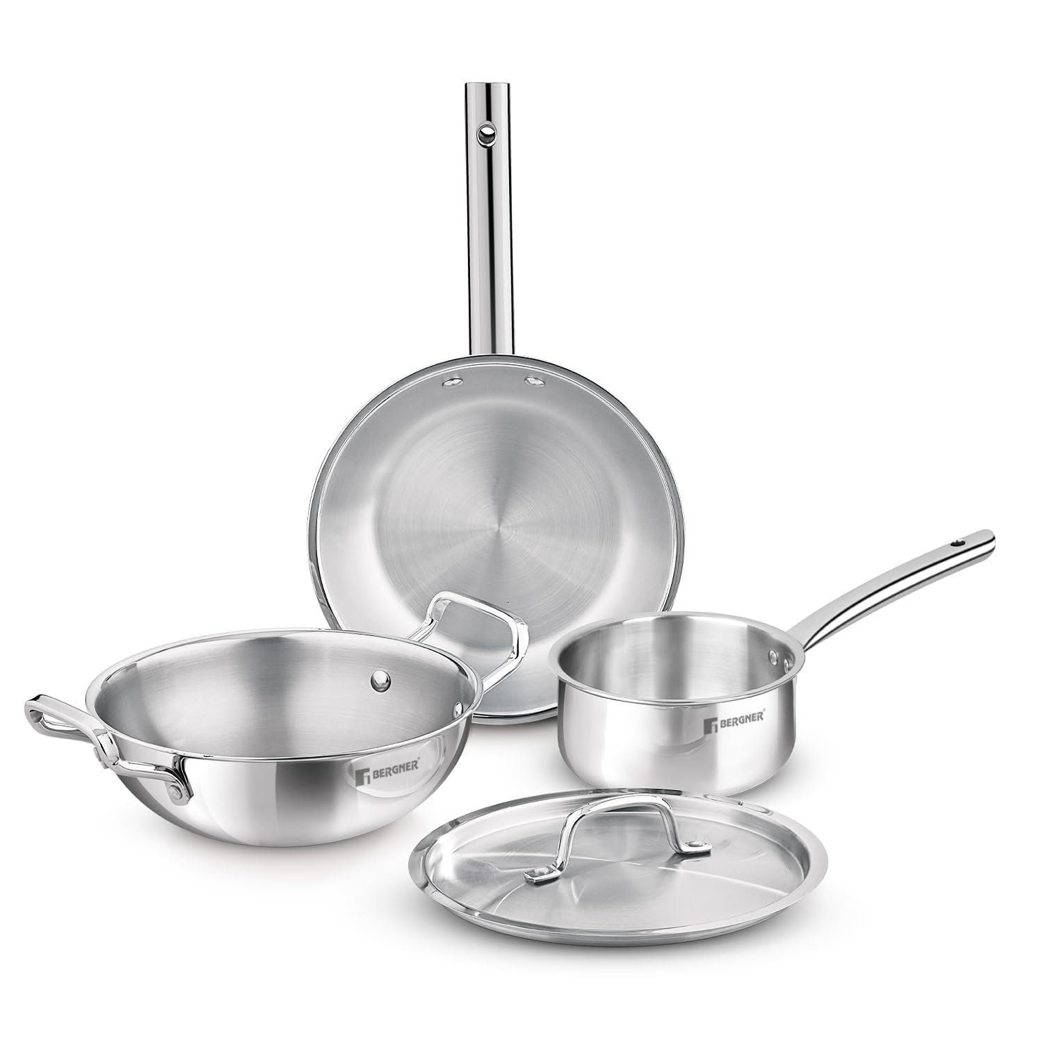 Bergner TriPro 4 Pcs Tri-Ply Stainless Steel Induction Bottom Cookware Set - 22cm (2L) Kadai and 22cm (1L) Frypan with Common Stainless Steel Lid, 14cm (1L) Teapan, Less Oil Use, Easy to Clean