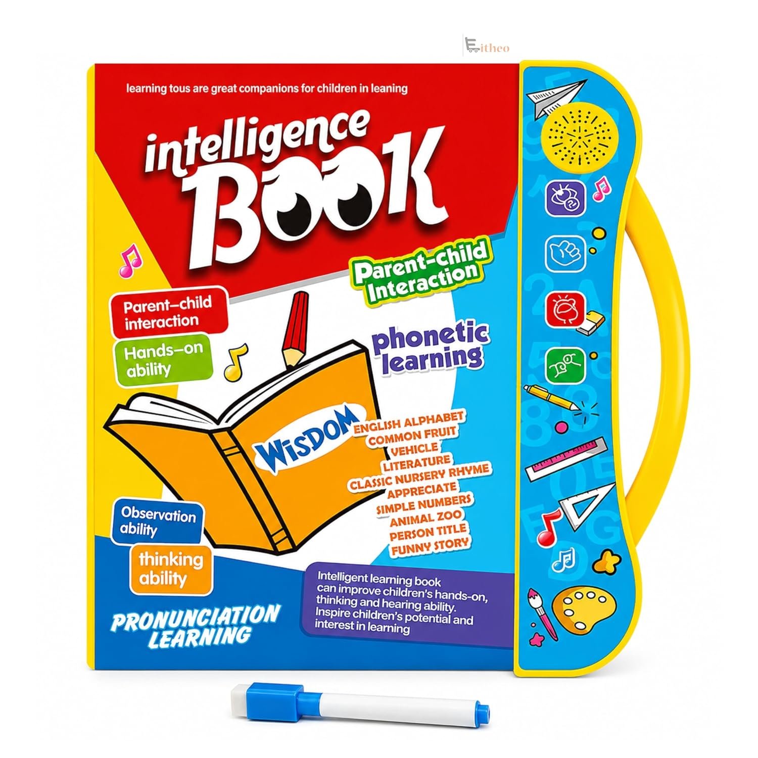 Eitheo Intelligence Sound Book for Kids with Marker – Interactive Talking Learning Book | Alphabets, Numbers, Shapes & Phonics | Musical Educational Toy for Boys & Girls 2-7 Years