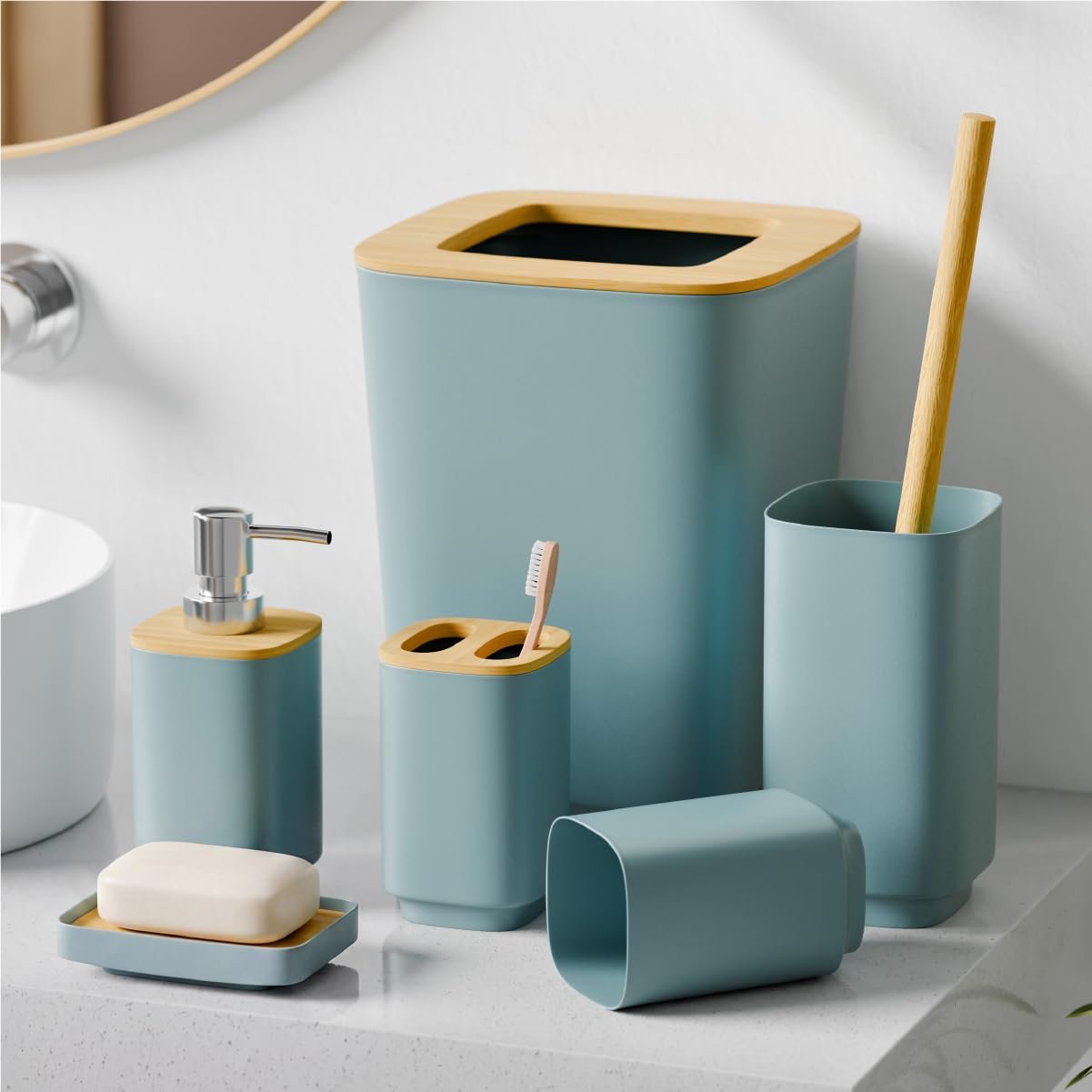 Lifelong Bathroom Accessories Set of 6 with Bamboo Finish | Complete Bathroom Organizer Kit with Soap Dispenser, Toothbrush Holder, Tumbler, Soap Dish, Toilet Brush & Dustbin | Sea Green