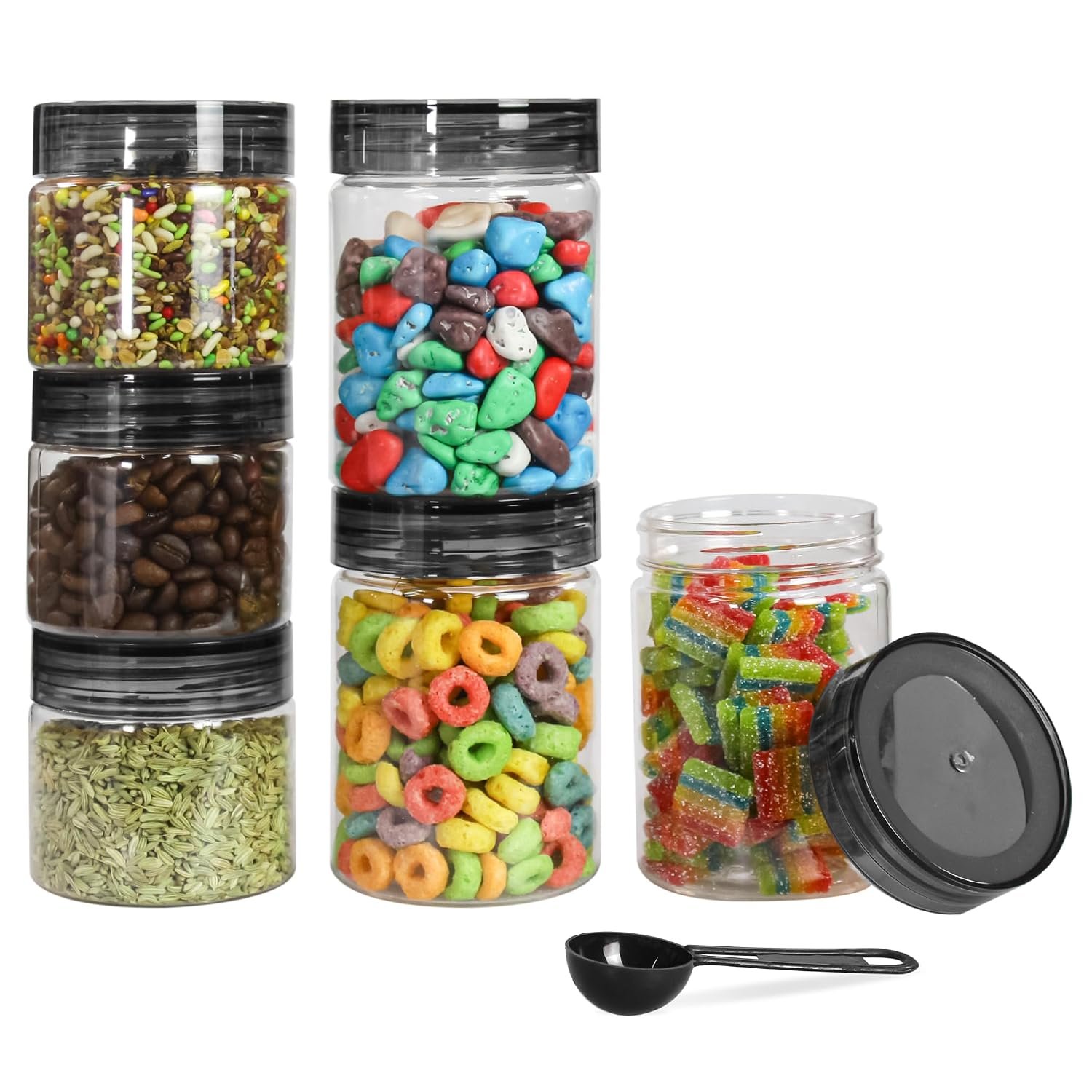 PEARLPET Plastic Container Set for Kitchen Storage Set with Spoons, ((200ml-3pcs),(300ml-3pcs) Set of 6) -Black