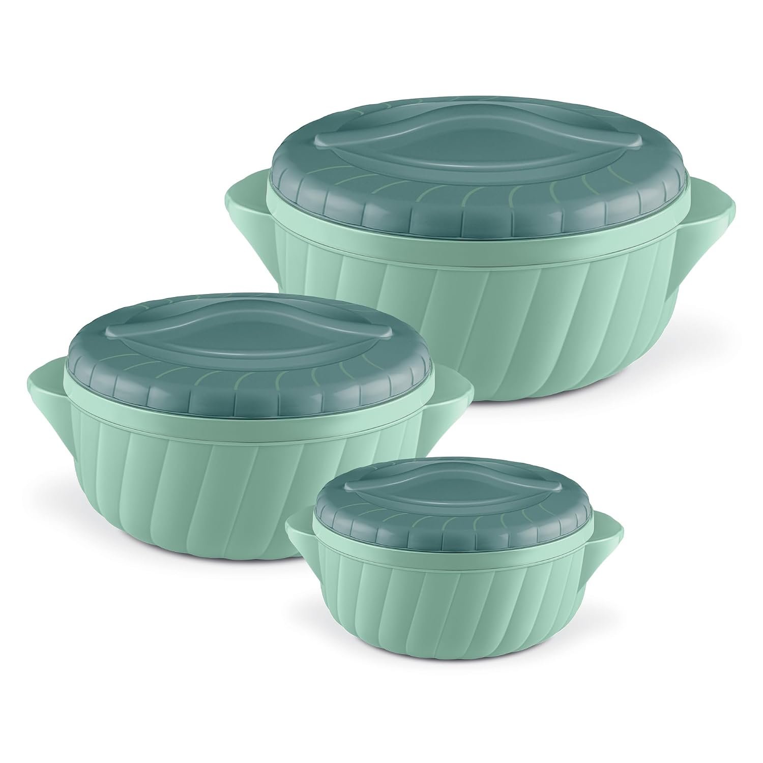 MILTON Flora Regular Set Insulated Inner Steel Casserole for Roti 3Pc (750ml 1.25L & 2.1L) Hot Box for Kitchen, Hot Pot with Lid Chapati Box, Roti Casserole, Serving Boxes, Hotcase, Light Green