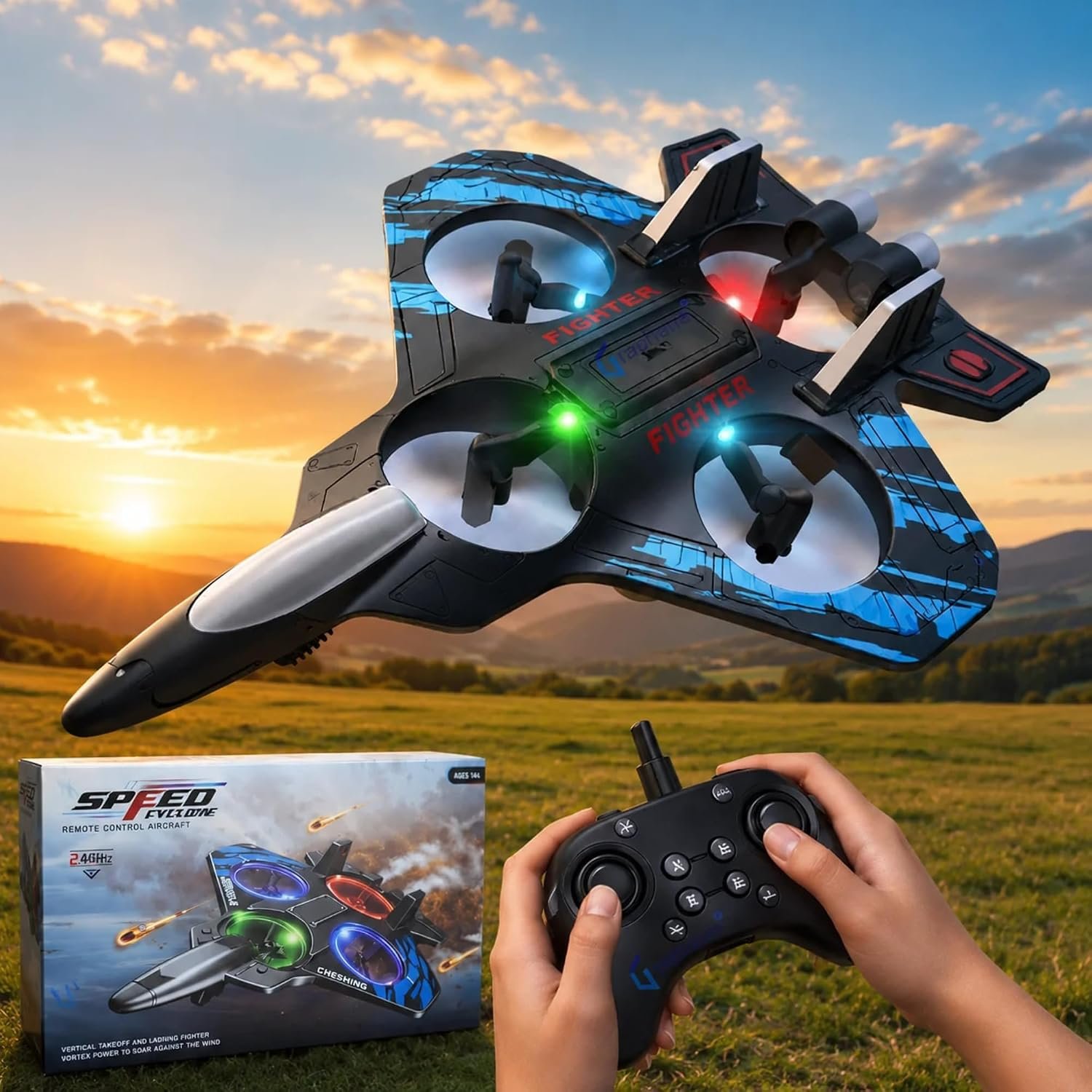 GRAPHENE Remote Control Airplane for Kids RC Fighter Jet Plane Toy LED Lights 360° Flip Stunt Roll Hovering Spinning Stable Flight Easy to Fly Foam Aircraft Glider Hobby Toy Boys Girls Adults