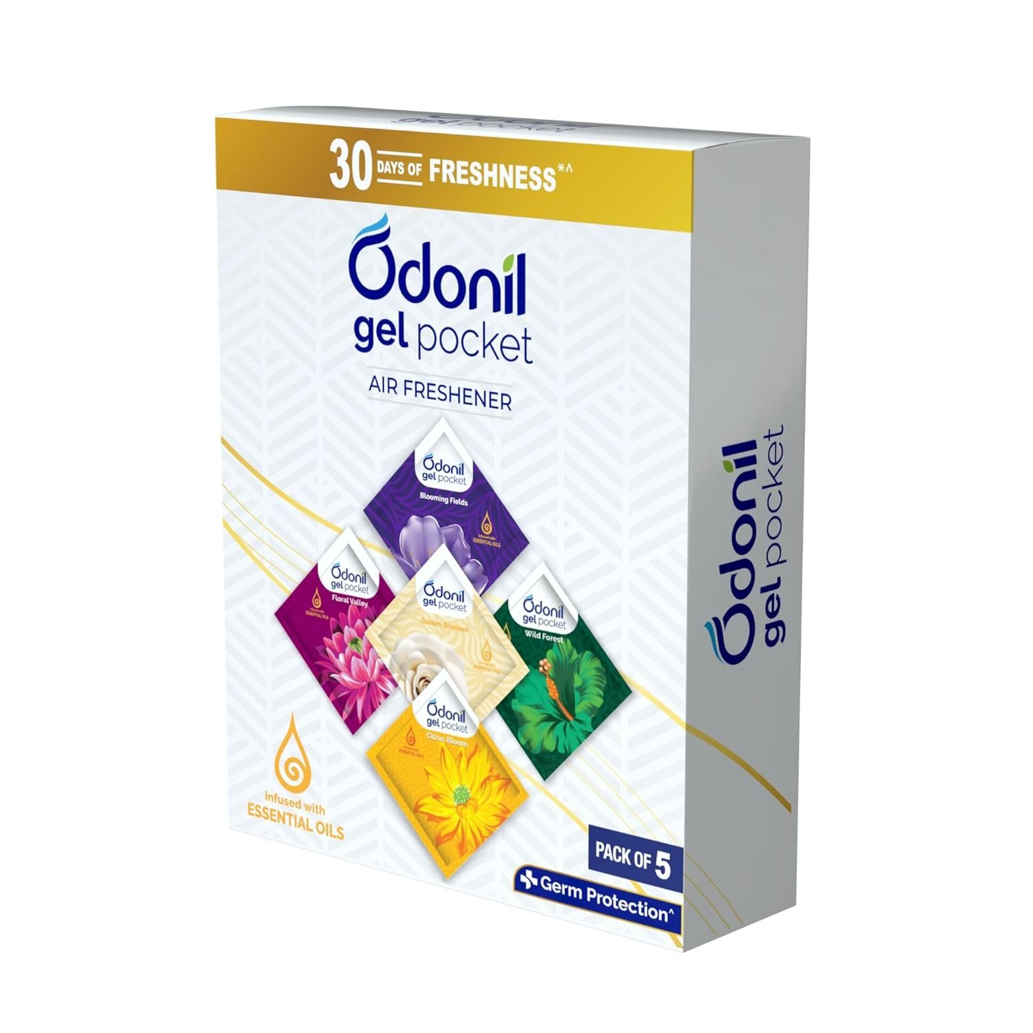 Odonil Gel Pocket – 50g (10g X5) | Pack of 5 Assorted Fragrances | Infused with Essential Oils | Germ Protection | Lasts Up to 30 Days | Air Freshener for Bathroom, Toilet, Home & Office.