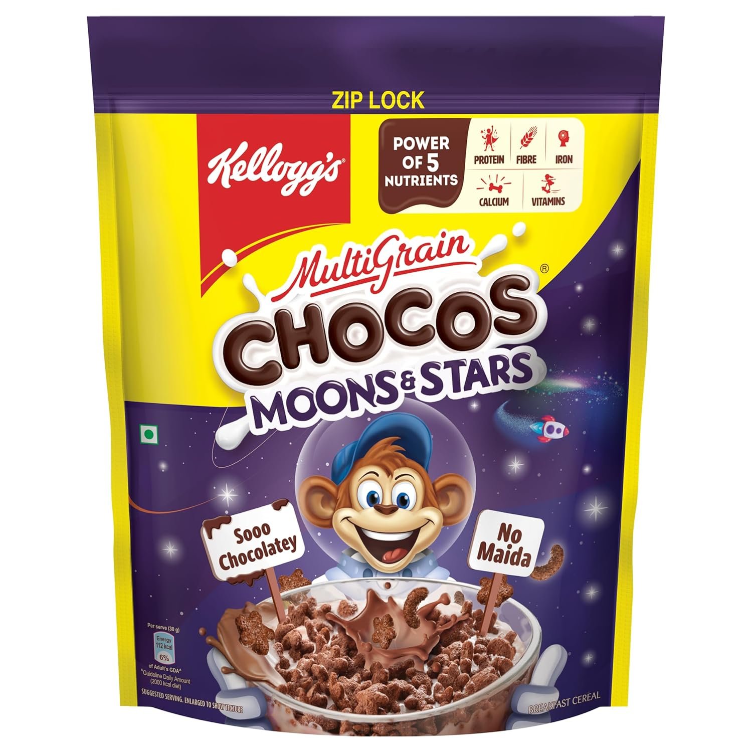 Kellogg's Chocos Moons & Stars, With Whole Grain, Source Of Fibre, High In Calcium & Protein, With 10 Essential Vitamins & Minerals, Breakfast Cereals, 1.15 /1.2 Kg Pack (Weight May Va