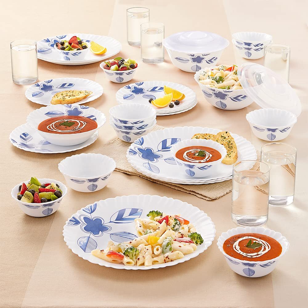 Larah By Borosil 35pc Opalware Dinner Set with Vision Glass Set for Family of 6, Microwave & Dishwasher Safe, Bone-Ash Free, Crockery Set for Dining & Gifting, Plates & Bowls (Morning Glor