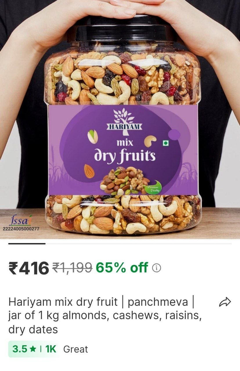 hariyam mix dry fruit panchmeva jar of 1 kg almonds cashews raisins dry dates