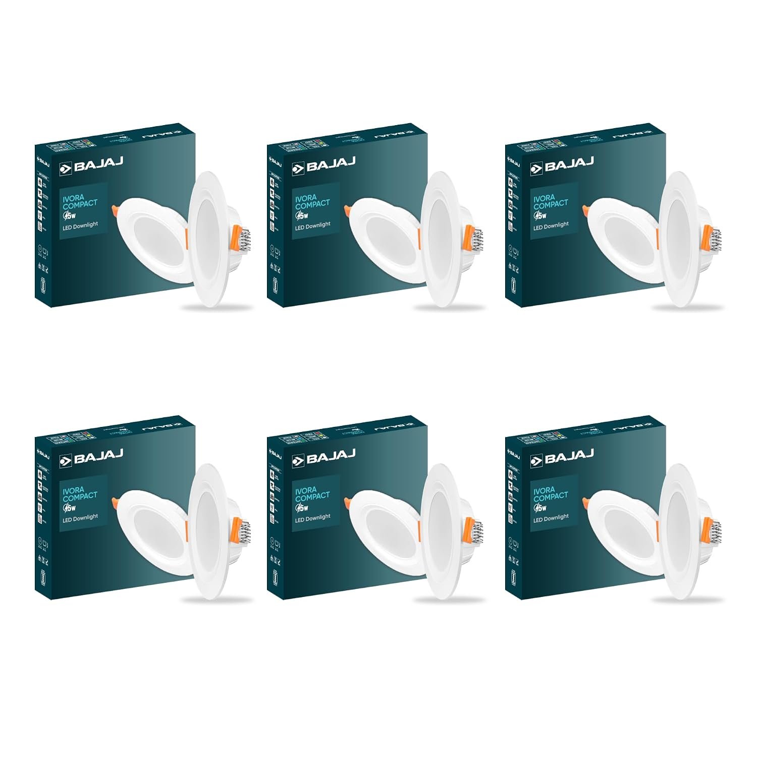 Bajaj Polycarbonate Ivora Compact Downlight | 5W LED Downlight | for Smaller Spaces | Long Life of 25000 Hours | Soothing Light (Cool Day Light, Pack of 6)