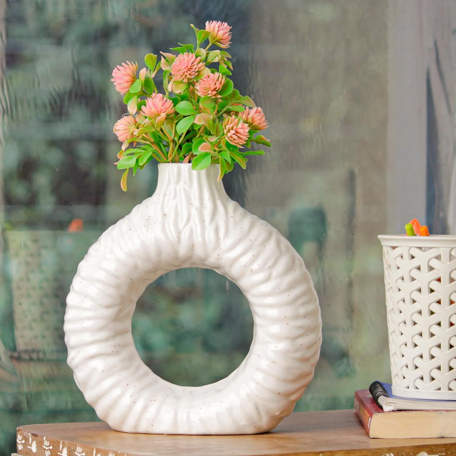 by Earth Store 7.3 Inch White Ring Textured Ceramic Vase for Living Room, Garden, Flower, Balcony, Bedroom | Flower Pot for Home Decor Set of 1 (Plant Not Included)