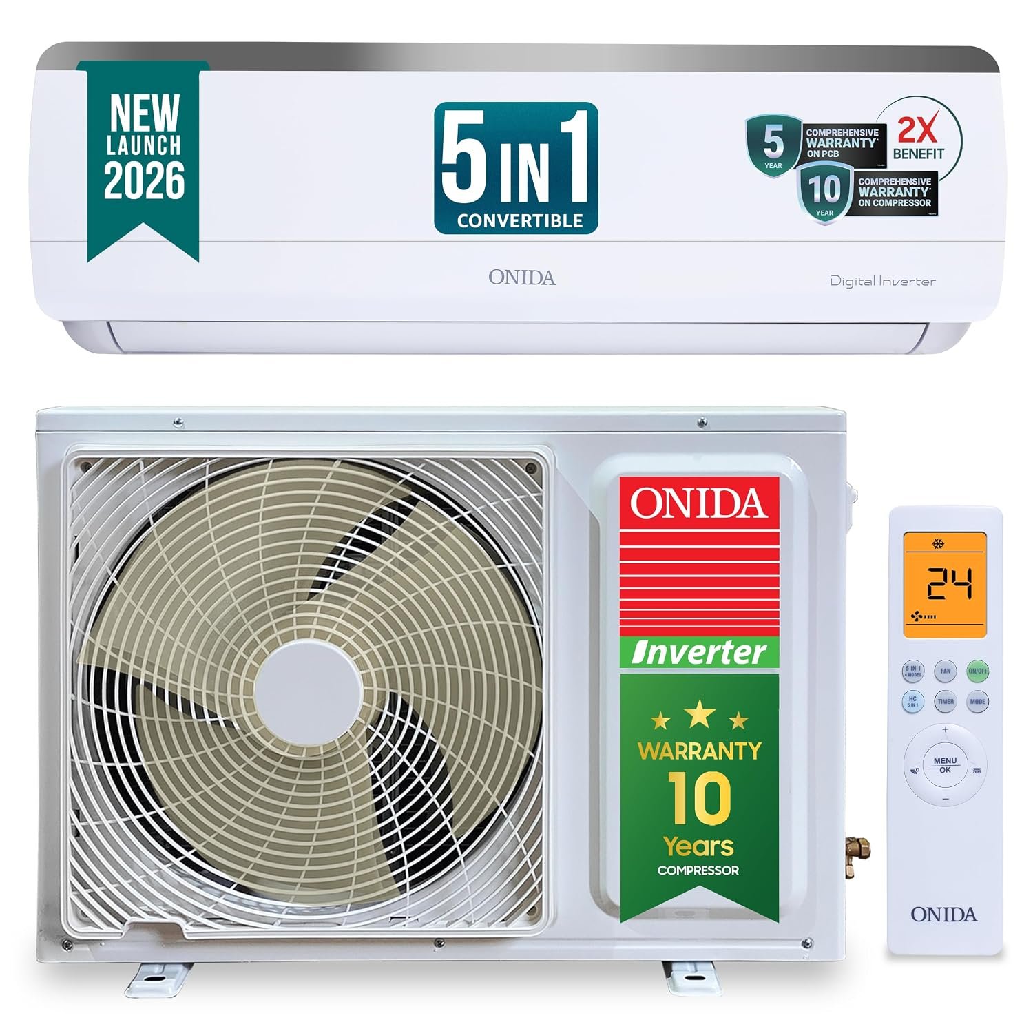 ONIDA 1.5 Ton 3 Star, New Star Rated, Inverter Split AC (Copper, Convertible 5-in-1, Fast Cooling at 55 °C, Deep Frost Clean, Turbo Flush Technology, IR193OMSE,White)