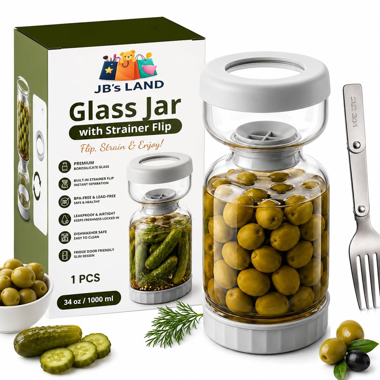 JB'S LAND Pickle Jar with Strainer, Borosilicate Glass Flip Jar for Storage