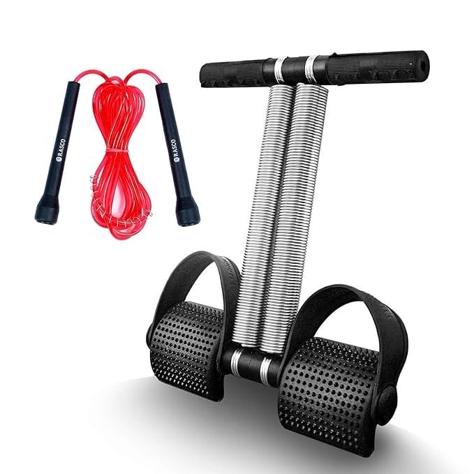 Double Spring Tummy Trimmer with Skipping Rope Combo | Abs Workout & Stomach Exercise Equipment for Men & Women | Home Gym Fitness & Fat Burning Set (Black orange)