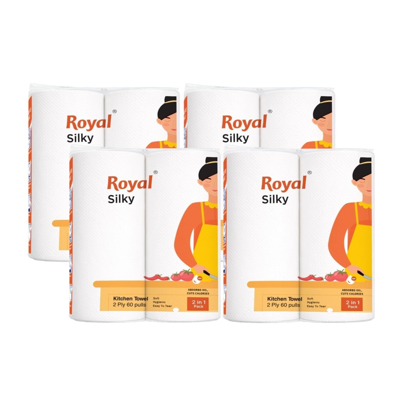 Royal Silky Kitchen Tissue Rolls - 480 Pulls | 60 Kitchen Towels X 8 Rolls| 2-Ply Soft & Strong Kitchen Paper Towel | Highly Absorbent Disposable Kitchen Tissue | 2 rolls x Pack of 4