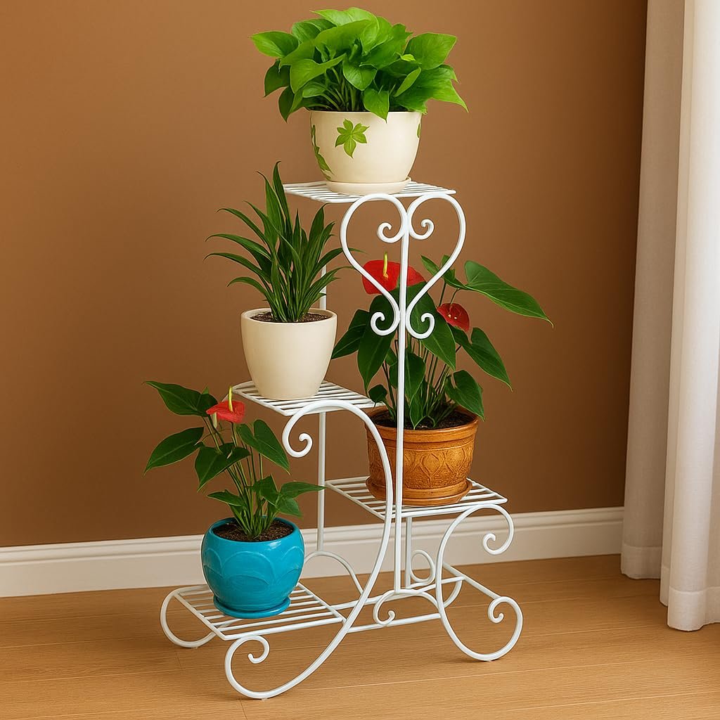 Kundi 4 Tier Plant Stands for Indoors and Outdoors, Flower Pot Holder Shelf for Multi Plants, Black Metal Plant Stand for Patio L-32 x W-10 x H-29 inches (4 Tier White)