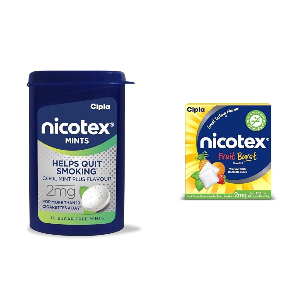 Cipla Nicotex Mints | Nicotine 2mg Lozenges (120 Pcs)| Helps Quit Smoking | Sugar Free | Cool Mint | Cipla Nicotex Nicotine Sugar Free Fruit Burst Gums 2mg | Helps to Quit Smoking | WHO - Approved Th
