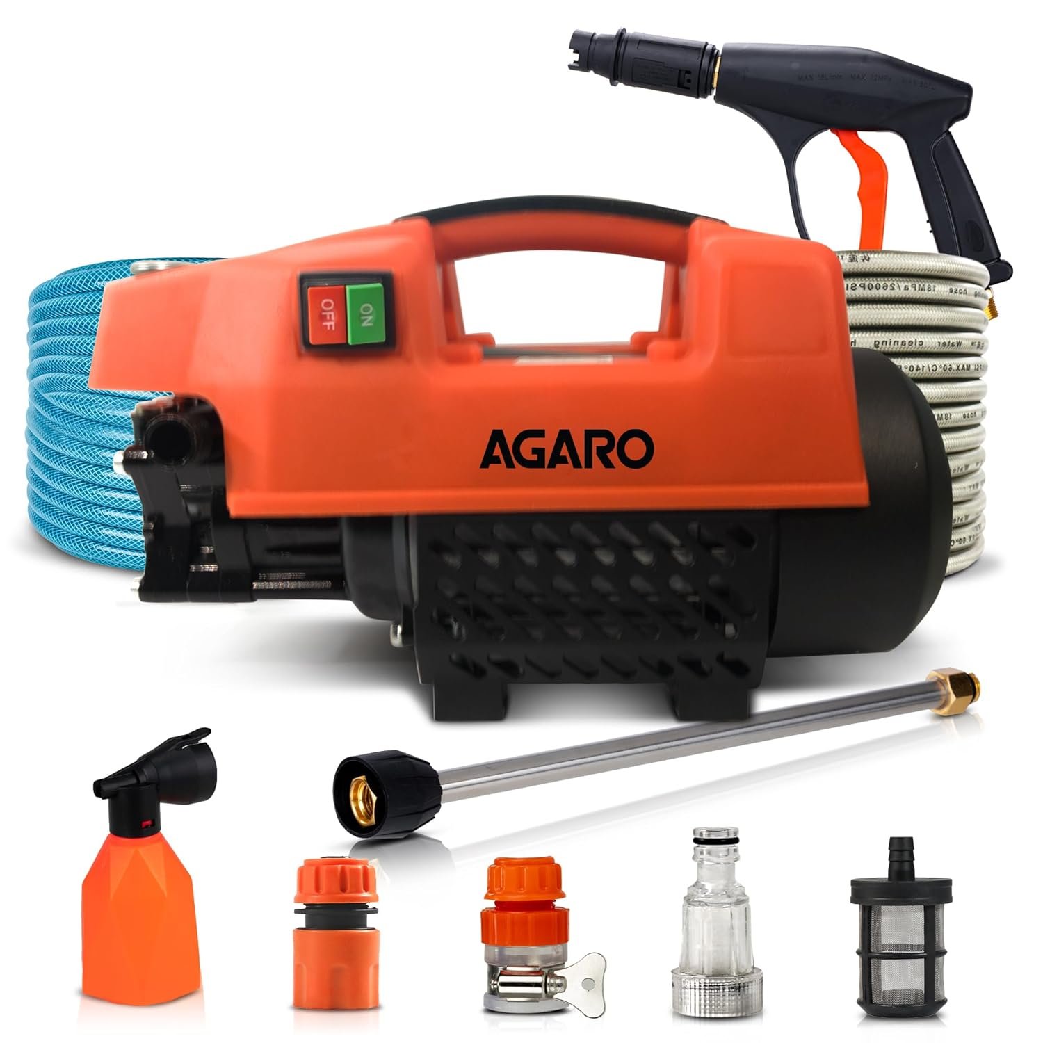 AGARO Supreme High Pressure Washer, Car Washer, 1800 Watts Motor, 120 Bars, 6.5L/Min Flow Rate, 8 Meters Outlet Hose, Portable, Car, Bike & Home Cleaning,Orange