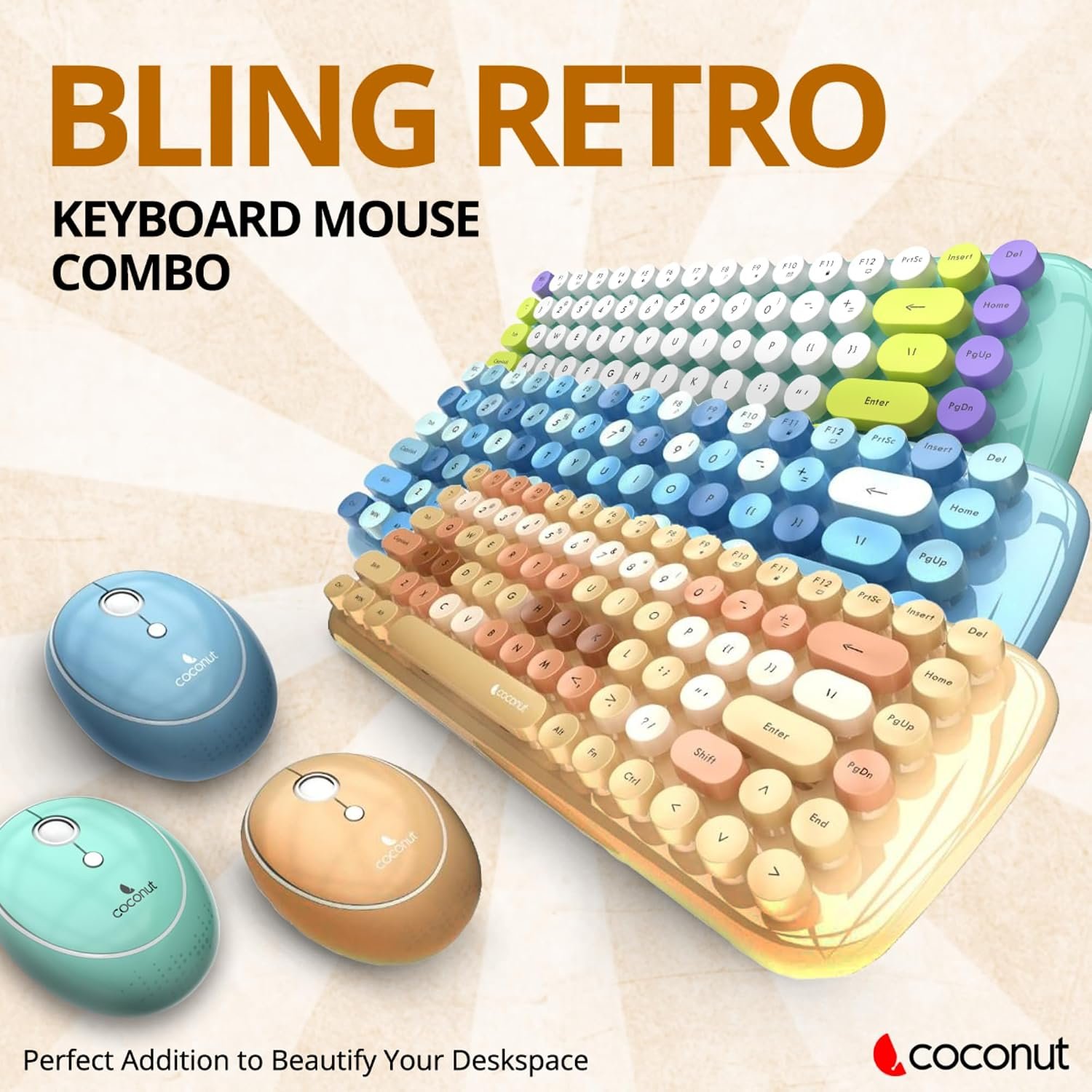 Coconut Bling Typewriter Inspired 2.4GHz Retro Wireless Keyboard and Mouse Set with USB Support, Round 84 Keycaps for PC & Laptop (Milk Tea)