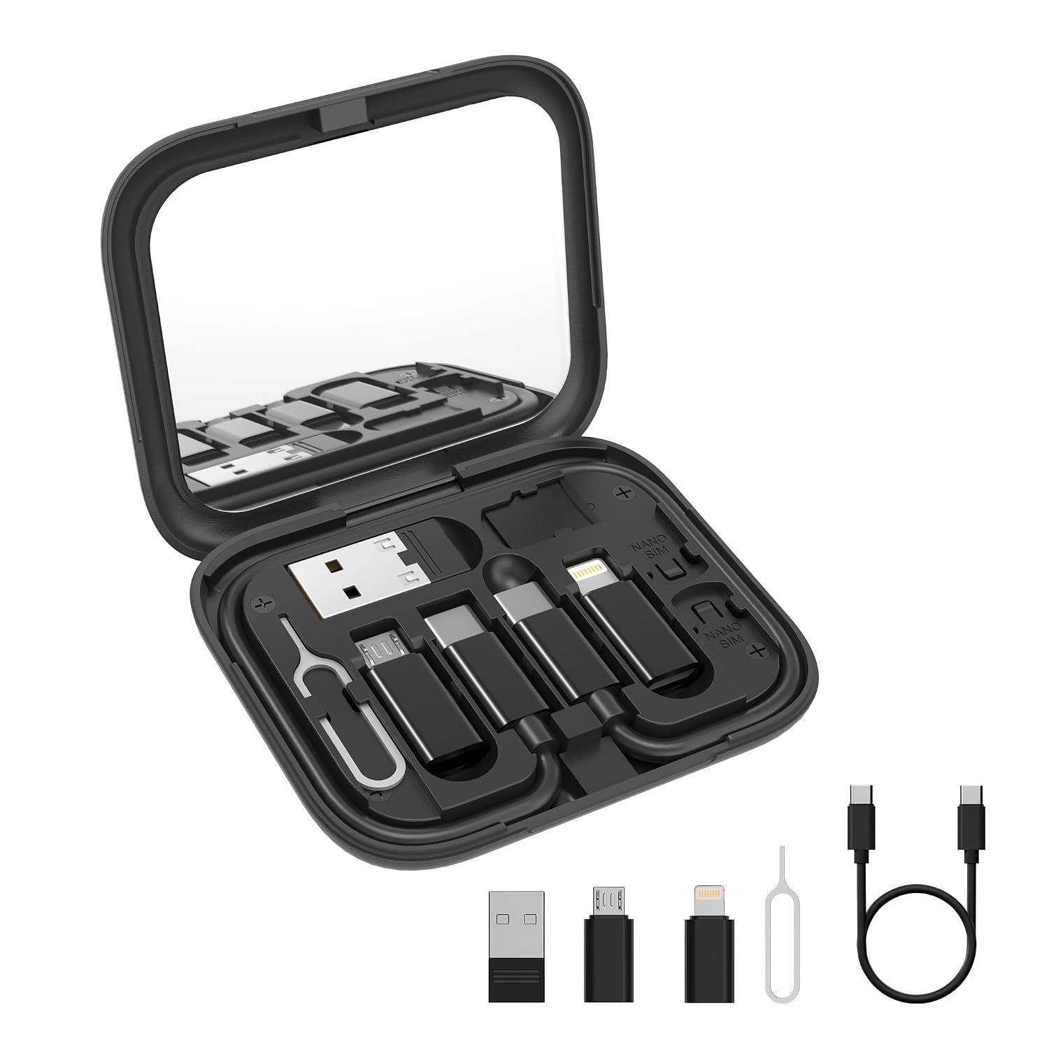 AGARO Snapcase 6-in-1 Multifunctional 60W Fast Charging Case, Built-in Type-C, USB-A, Lightning & Micro-USB Cables, Makeup Mirror, Phone Stand, Sim Storage, Sim Eject Pin, Travel Charging Kit, (Bl