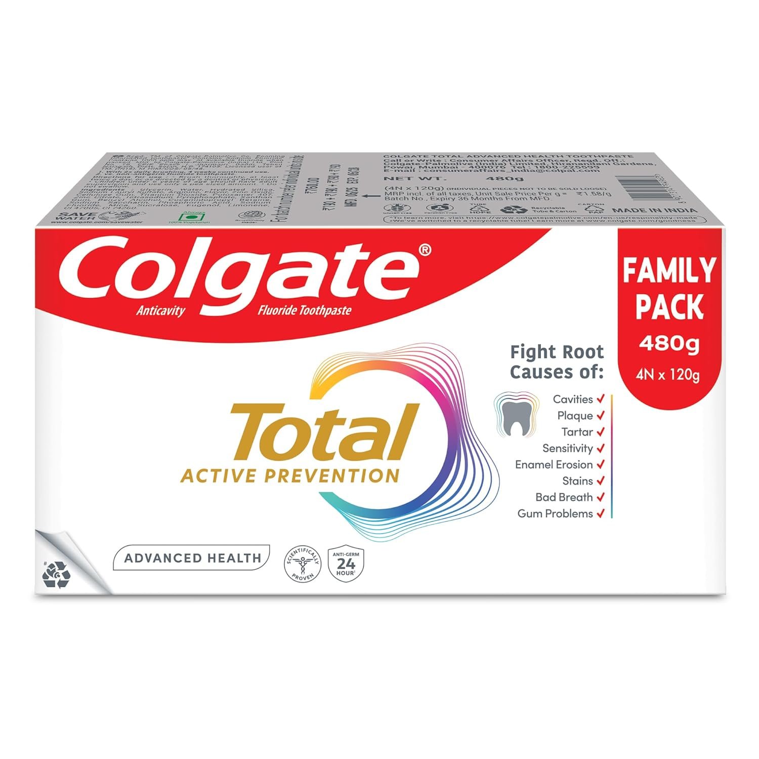 Colgate Total Advanced Health Anti-germ Toothpaste, 480g, Tooth Paste with 12-Hour Anti-Germ Protection & Enamel Protection for Whole Mouth Health (Combo Pack Offer)